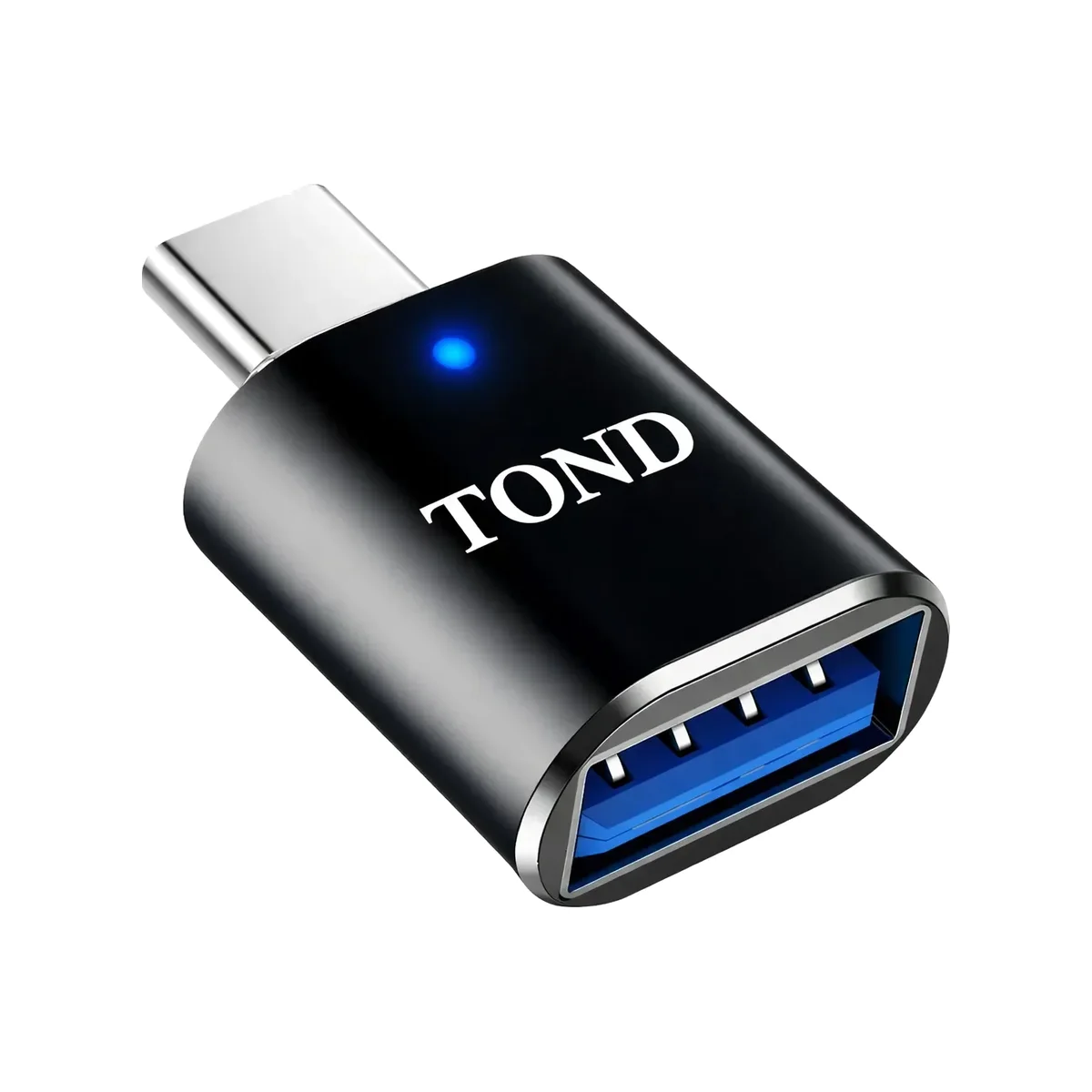 Adaptador OTG TOND preto com plugue USB-C, entrada USB-A 3.0 azul e LED azul aceso