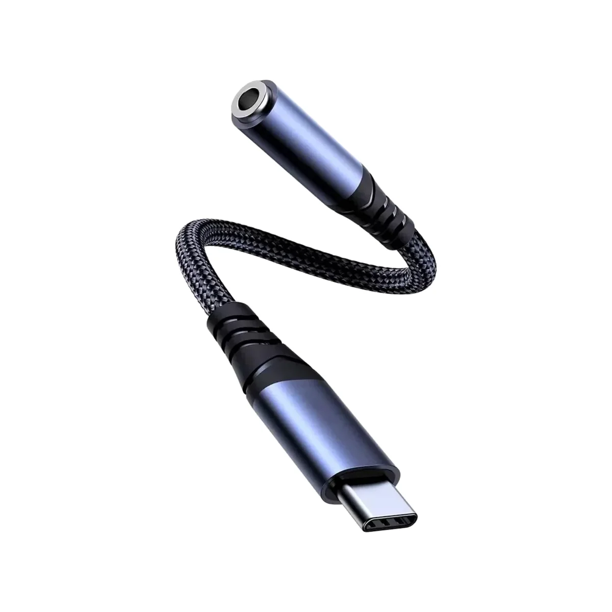 Adaptador tipo C para P2 TOND com cabo trançado de nylon e pontas de alumínio cinza