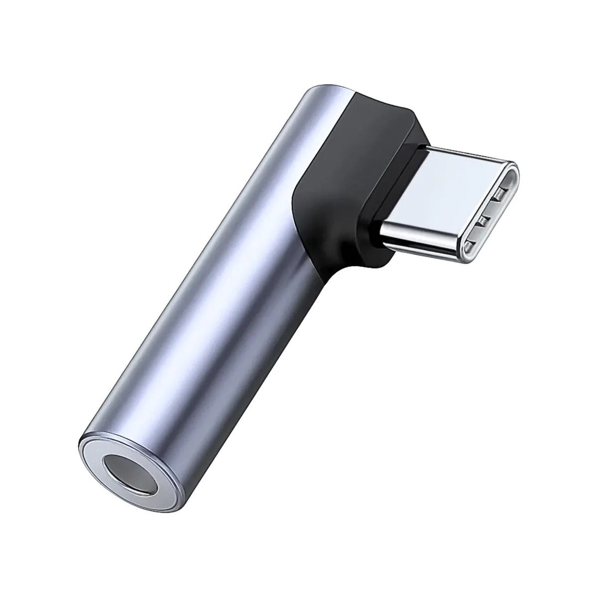 Adaptador tipo C para P2 TOND em L, corpo de alumínio cinza com conector USB-C