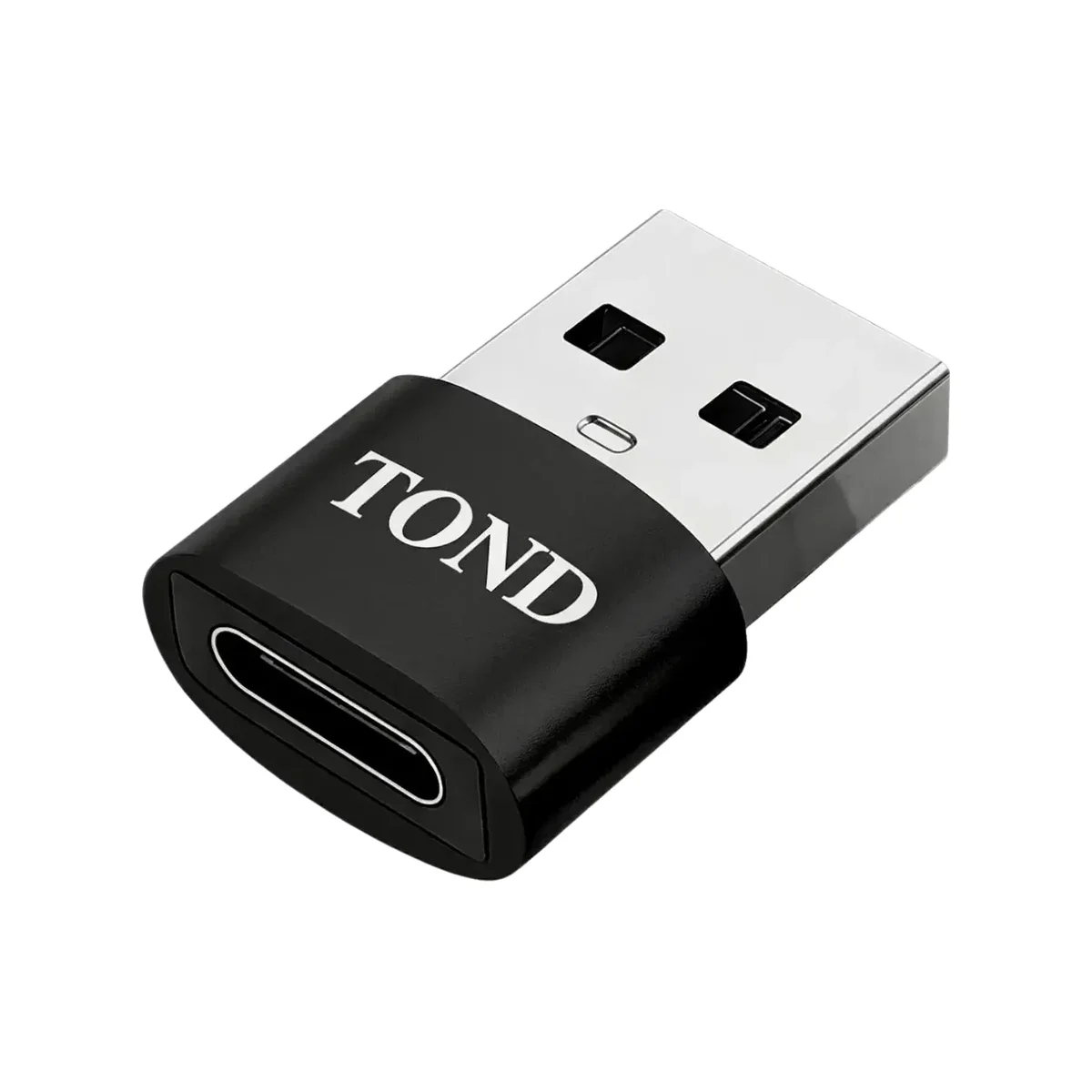 Adaptador TOND preto com entrada USB-C fêmea e plugue USB-A macho