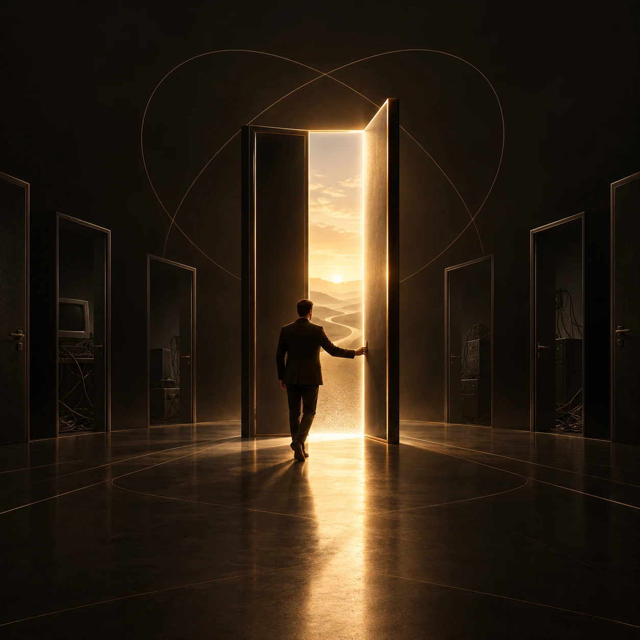 Homem abrindo uma porta iluminada para uma paisagem ao nascer do sol: TOND, abrindo novas portas